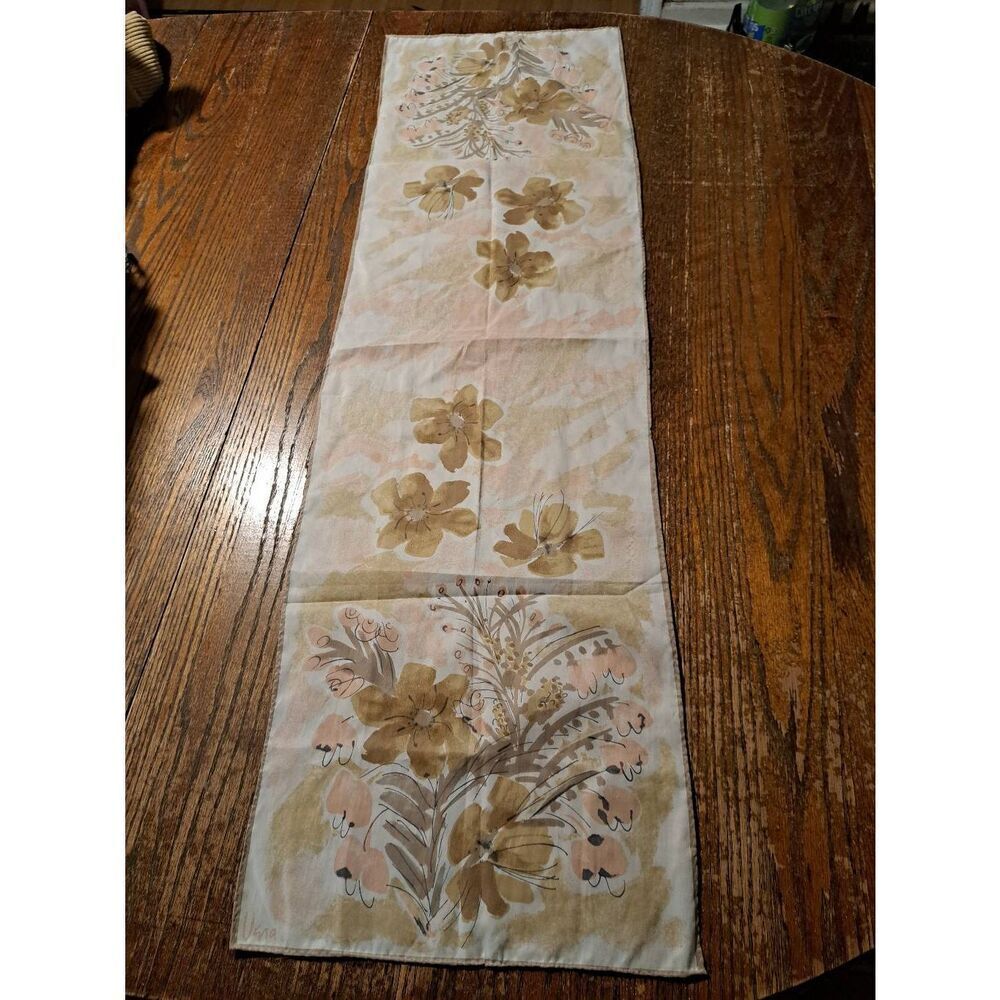 Vintage Vera Neumann Floral Womens Scarf Wrap Cream Tan Pink Signed 12.5x44